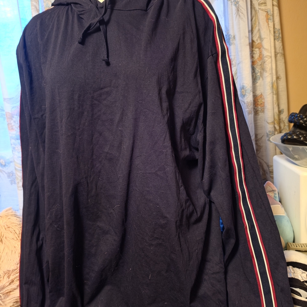 Denim & Flower Navy Hoodie with Red and White Stripe Sleeves